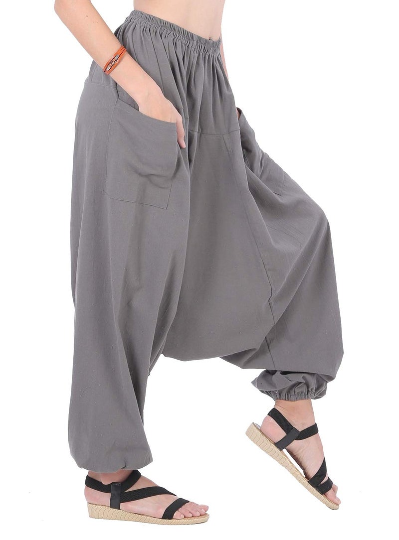 CandyHusky Women Cotton Harem Pants Casual Elastic Waist Boho Pants ComfortSoft - Grey - Image 3